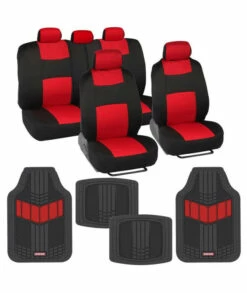 BDK Two-Tone PolyPro Car Seat Covers Full Set With Motor Trend Heavy Duty Rubber Car Floor Mats, Black Red - Interior Covers For Auto Truck Van SUV